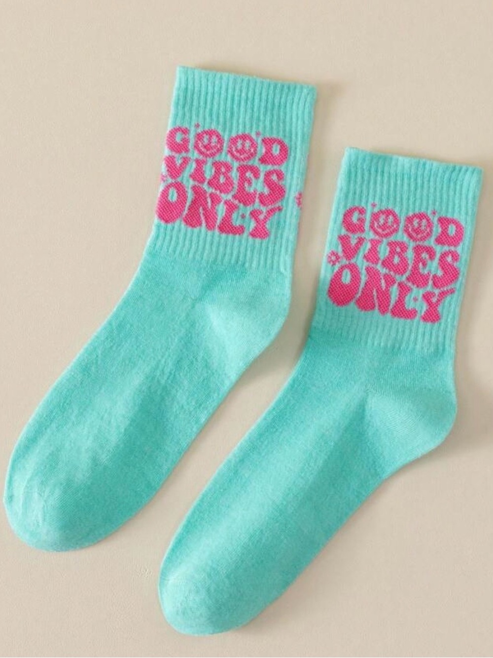 Good Vibes Only Aqua Crew Socks - Pink Text